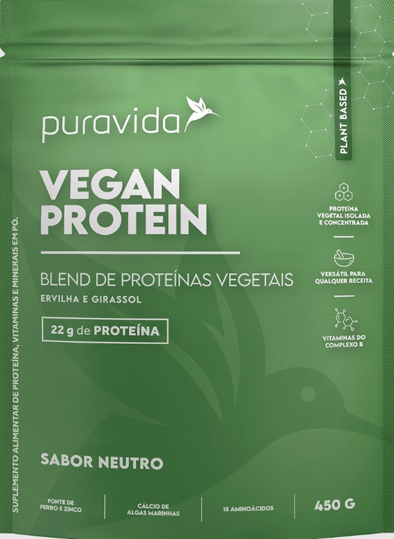 Vegan Protein, Blend de Proteínas Vegetais, 450g, Sabor Neutro, Puravida