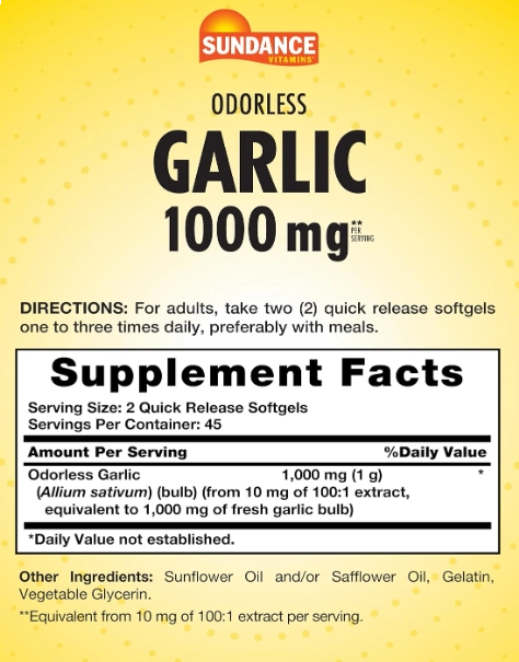 Odorless Garlic 1000mg, 90 unidades, Sundance