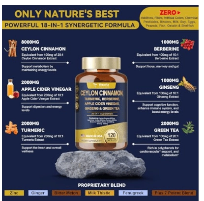 Canela Ceylon 18 em 1 com Vinagre de Maçã, Cúrcuma, Berberina, Ginseng e Melão Amargo, 120 Capsulas, Totaria Health