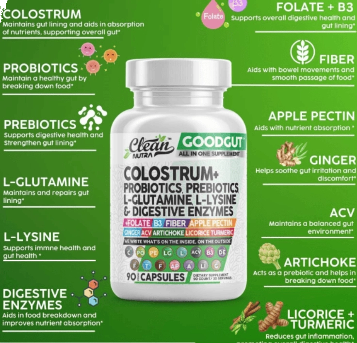Colostrum+ Probióticos, Prebióticos, L-glutamina, Enzimas, Folato e Fibra, 90 Cápsulas, Clean Nutraceuticals