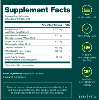 Urolitina A com Shilajit Musgo Marinho, Complex  6 em 1, 90 Cápsulas, Etta Vita