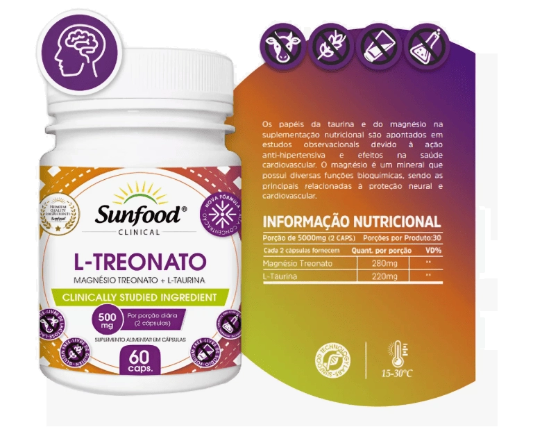 Magnésio  L-Treonato 500mg, 60 Cápsulas, Sunfood