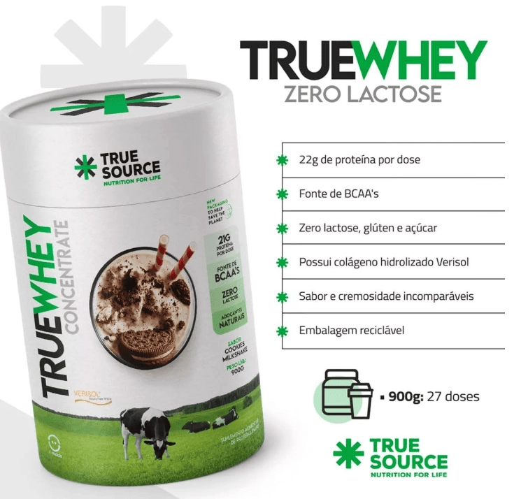 True Whey Zero Lactose, 900g Sabor Cookies Milkshake, True Source