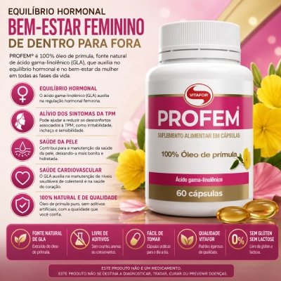 Profem Óleo de Prímula 100%, Saúde da Mulher e Equilíbrio Hormonal, 60 Cápsulas, Vitafor