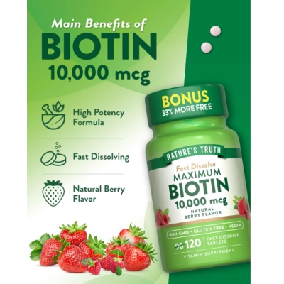 Biotina 10000mcg, Maximum Biotin, 120 Comprimidos Matigaveis, Nature&#039;s Truth