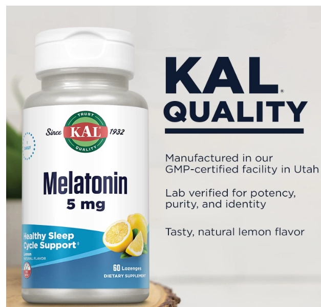 Melatonina 5mg com Vitamina B6, Pastilhas sabor limão, KAL