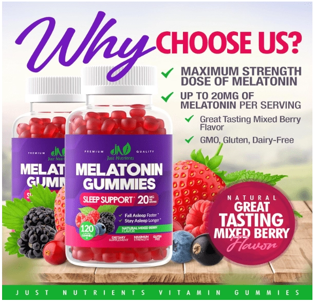 Melatonina 20mg, 120 Gomas Sabor  frutas vermelhas, Just Nutrients