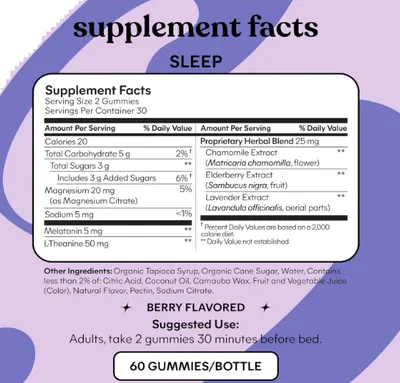 Lemme Sleep, Melatonina 5mg com Elderberry, Magnesium, L-Theanine e Lavanda, 60 Gomas Sabor Frutas Vermelhas