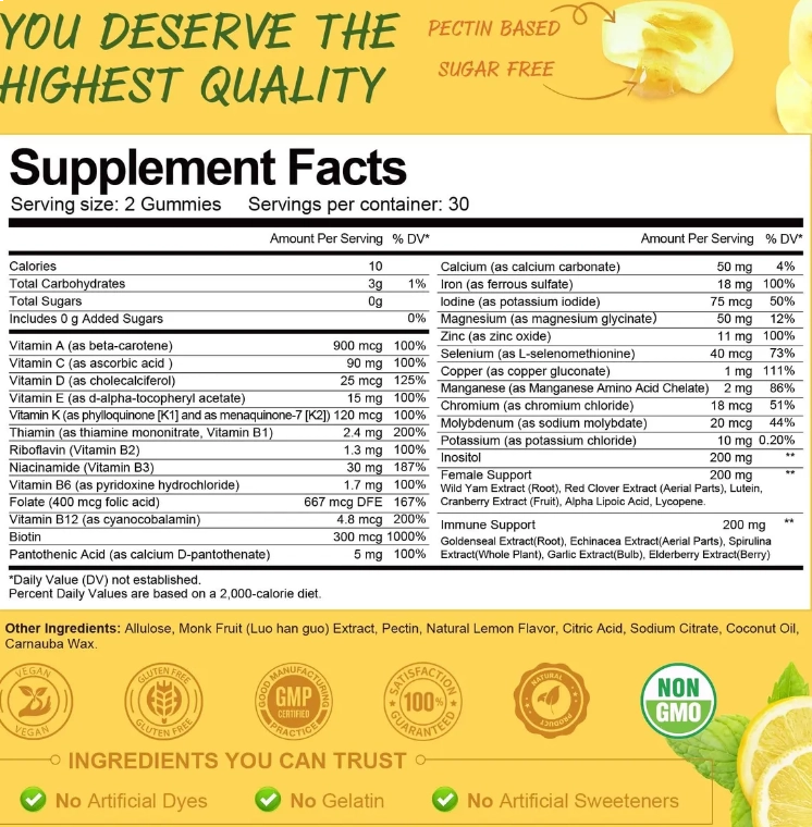 Multivitamínico Feminino, 60 Gomas Sabor Limão Sem açúcar, Totaria Health