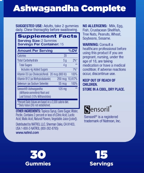 Ashwagandha 125mg, 3 em 1 Daily Stress Support, 30 Gomas Sabor Morango, Natrol