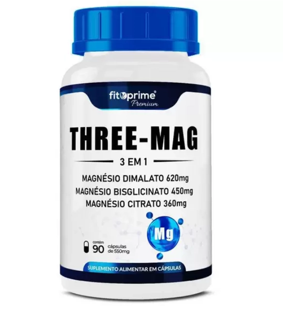 Three Mag, 3 Em 1, Dimalato, Bisglicinato e Citrato, 90 Cápsulas, FitoPrime