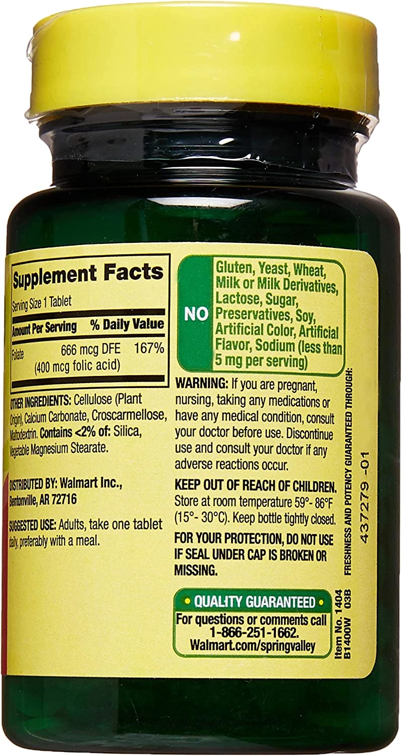 Ácido fólico, Vitamina B-9, 400mcg, 250 comprimidos, Spring Valley