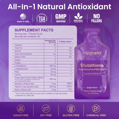 Liposomal Glutathione, 500mg Glutathione, PQQ, CoQ10, Vitamin C, Grape Flavor, 30 Sachês, Megneta