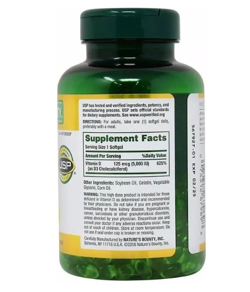 Vitamina D3, 125 mcg, 5000 UI, 400 Capsulas softgel, Nature's Bounty
