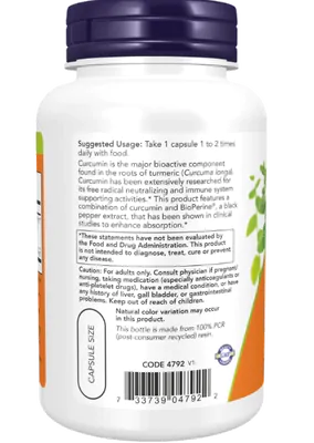 Turmeric Curcuma com BioPerine, 90 cápsulas, Now