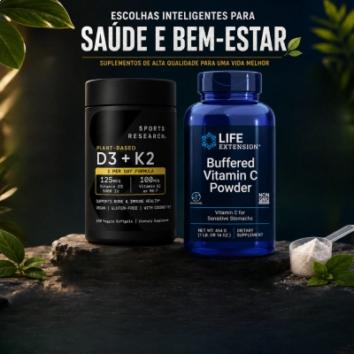 Kit Saúde Óssea e Imunidade, Vitamina D3 5000UI + Vitamina C Tamponada 4000mg, Sports Research + Life Extension