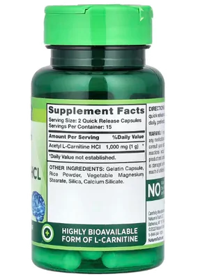 Acetil L-Carnitina, 1000mg, 30 cápsulas, Nature's Truth