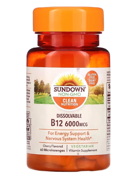 B-12 Solúvel, Sabor Cereja, 6000mcg, 60 Pastilhas, Sundown