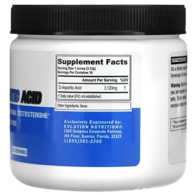 Ácido D-Aspártico, 94g Sem Sabor, EVLution Nutrition