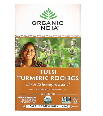 Chá de tulsi, rooibos de cúrcuma, sem cafeína, 18 sacos, Índia orgânica