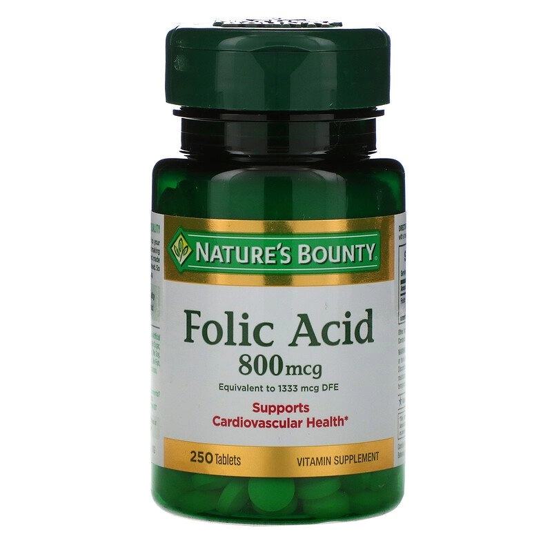 Ácido Fólico, Vitamina B-9,  800mg, 250 comprimidos, Natures Bounty