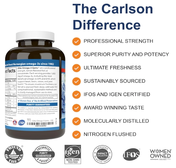 Ômega-3 1600mg, Óleo de Peixe Selvagem Norueguês, 130 Cápsulas Sabor Limão, Carlson
