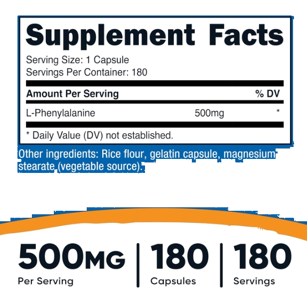 L-Phenylalanine 500mg, 180 Cápsulas, Nutricost