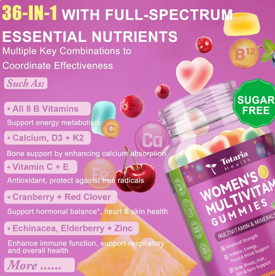 Multivitamínico Feminino, 60 Gomas Sabor Frutas Tropicais Sem açúcar, Totaria Health