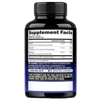 Magnésio Glicinato 500mg com Vitamina D3, B6 e Pimenta Preta, 240 Cápsulas, Nutra Harmony