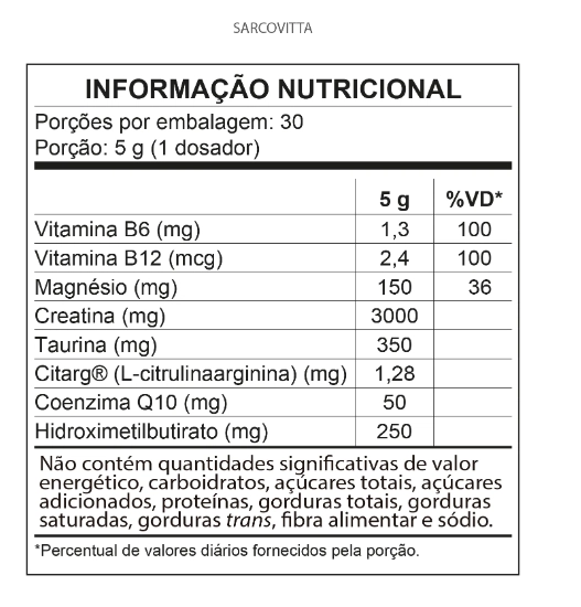 Sarcovitta, Creatina monohidratada, malato de magnésio, taurina, 150g, Qualynutri