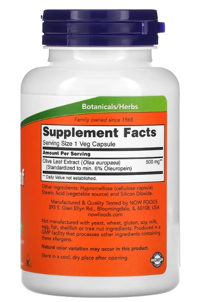 Olive Leaf Extract, Folha de Oliveira 500mg, 120 Cápsulas, Now