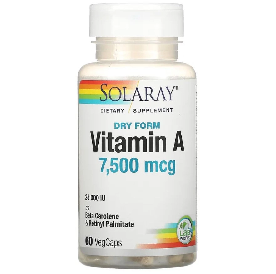 Vitamin A, 7500 mcg, 60 VegCaps, Dry Form, Solaray