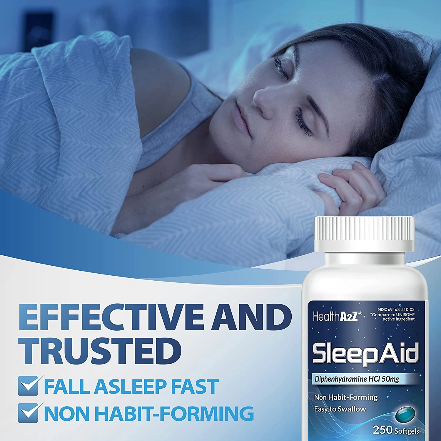 Sleep Aid, Difenidramina HCl 50mg, 250 Softgels, HealthA2Z