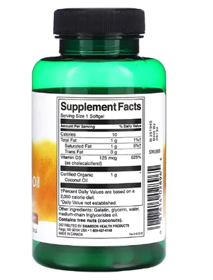 Vitamina D3 com óleo de coco, Potência máxima, 5000UI, 60 cápsulas, Swanson