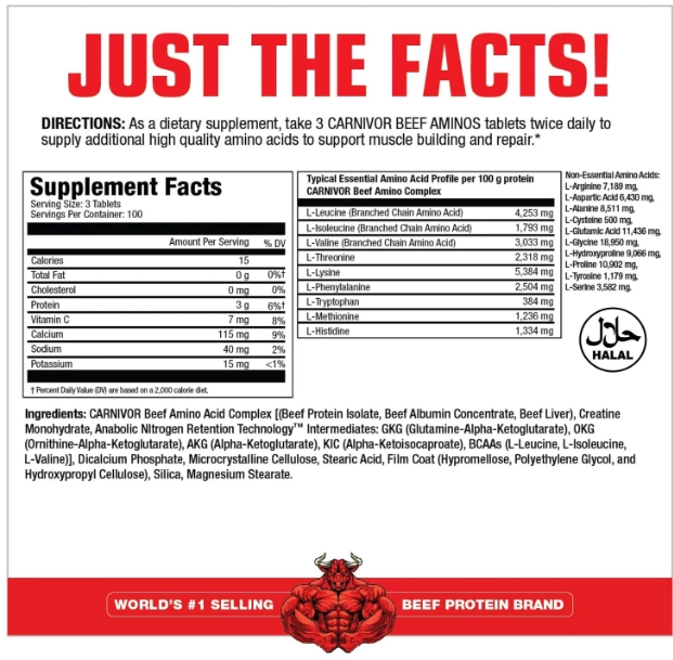 Carnivor Beef Aminos, Proteína Bovina Isolada, BCAAs e Creatina, 300 Comprimidos, MuscleMeds