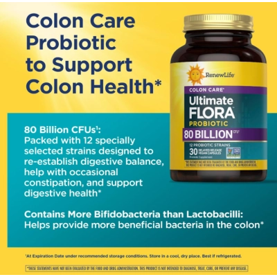 Ultimate Flora Probiotic Colon Care, Probiótico para Cuidados com o cólon, 80 bilhões de UFC, 30 Cápsulas, Renew Life