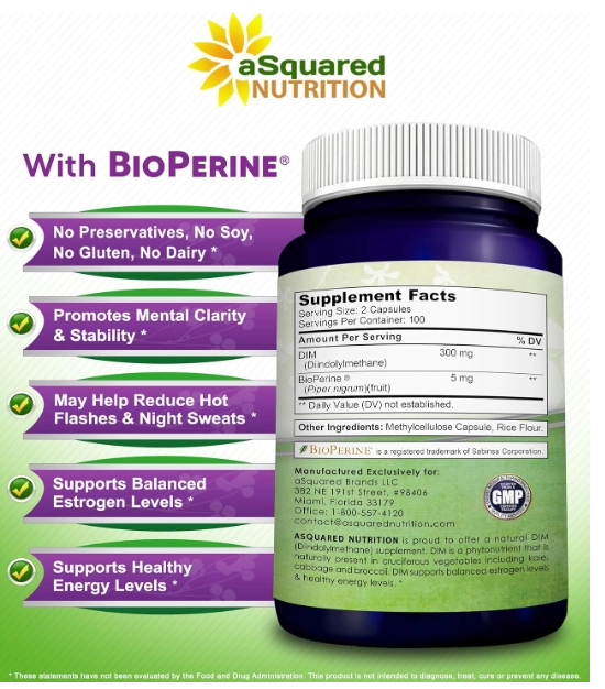 DIM 300mg Com BioPerine, 200 Cápsulas, aSquared Nutrition