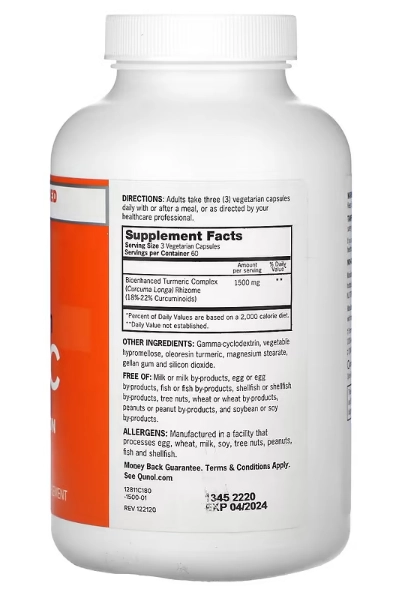 Turmeric 1500mg, Cúrcuma Extra Forte, 180 Cápsulas, Qunol