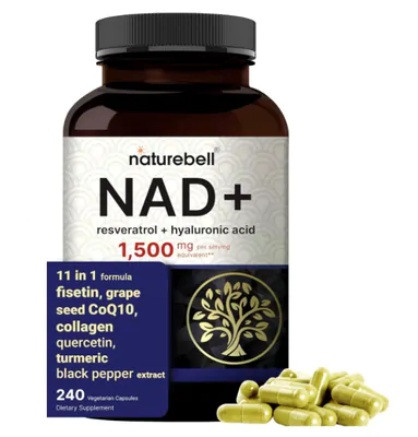 NAD+ 1500mg, com Resveratrol Plus Ácido Hialurônico, Quercetina, Fisetina e Colágeno, 240 Cápsulas, NatureBell