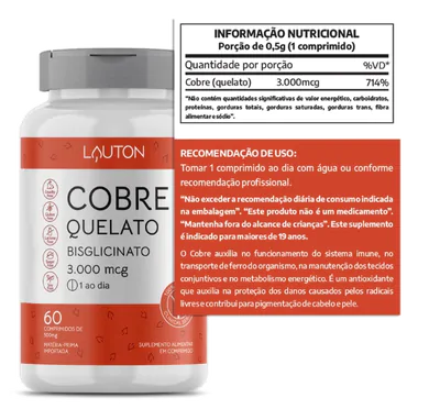 Cobre Quelato, 3000mcg, 60 Comprimidos, Lauton Nutrition