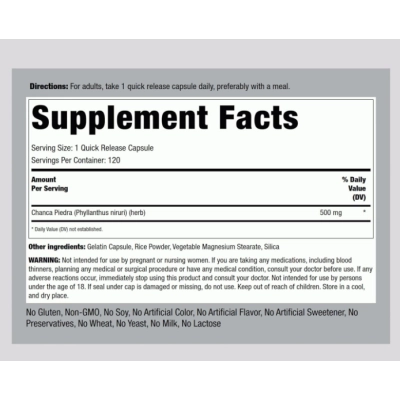 Chanca Piedra 500mg, 120 Cápsulas, PipingRock