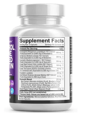 Suplemento de Polifenol, Resveratrol 6000mg, Berberina, Semente de Uva, Quercetina e Extrato de Chá Verde, 60 cápsulas, 