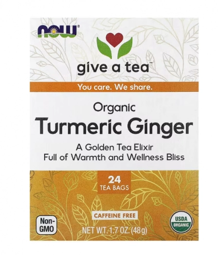 Chá Cúrcuma e gengibre orgânicos, sem cafeína, 24 saquinhos de chá, Now