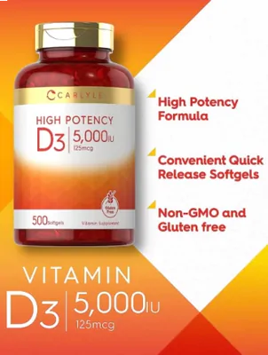 Vitamina D-3 5000UI, 500 cápsulas, Carlyle