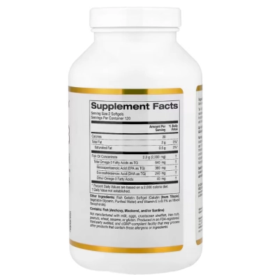 Ômega-3 180mg EPA - 120mg DHA, Óleo de Peixe Premium, 240 Cápsulas, California Gold Nutrition