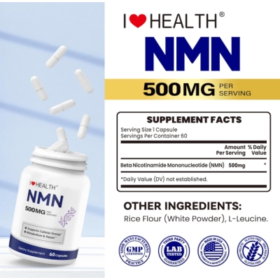 NMN 500mg, Nicotinamida Mononucleotídeo, Pureza de 99,9% 60 Cápsulas, I Love Health