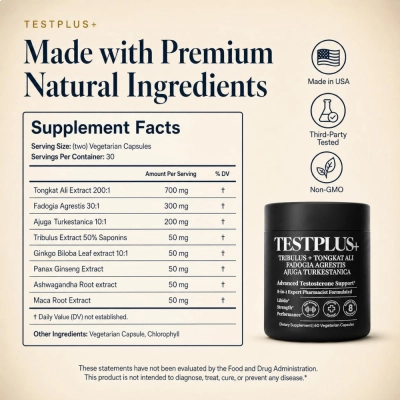  Fórmula Tongkat Ali, Fadogia Agrestis, Ajuga Turkestanica, Suporte à Vitalidade Masculina, 60 Cápsulas, TestPlus+