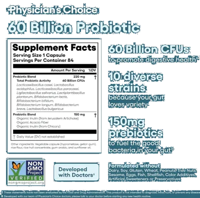 Probiótico 60 bilhões de UFC, 10 Cepas + Prebióticos Orgânicos, 84 Cápsulas, Physician's Choice