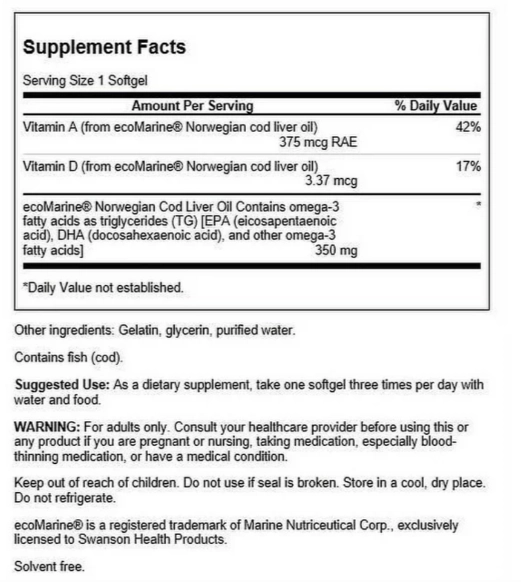 Cod Liver Oil, Óleo de Fígado de Bacalhau, 350mg, 180 Softgels, Swanson
