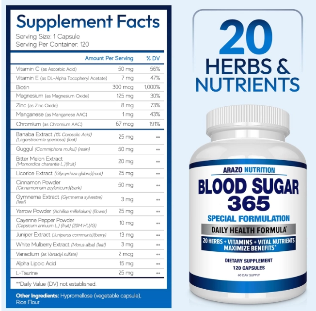 Blood Sugar 365,  Suporte para Energia e Metabolismo Saudável , 120 Capsulas, Arazo Nutrition